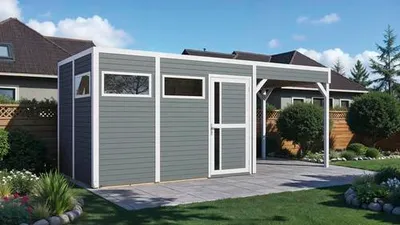 Produktbild von Gartenhaus Bertilo Cubus 3 Lounge inkl. Bodenplatte, Schleppdach 559 x 240 cm hellgrau