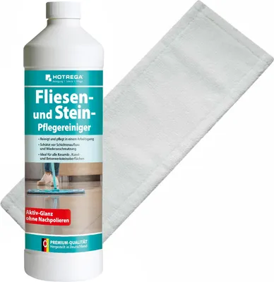 Produktbild von HOTREGA Fliesen und Stein Pflegereiniger 1 L Konzentrat SET + Microfasermopp 40 cm