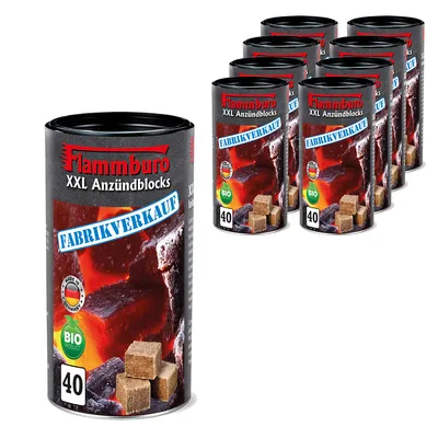 Produktbild von FLAMMBURO Ökologische XXL Anzündwürfel (9x40 Würfel = 360) in Vorratsdose - Perfekt geeignet als Grillanzünder, Kaminanzünder und Ofenanzünder