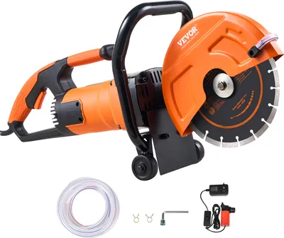 A VEVOR electric concrete saw with accessories is displayed against a white background.