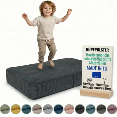 Produktbild von Pillows24 – Hüpfpolster für Kinder | Hüpfkissen 70x110x17 cm | Federn & Schaumstoff | Kindertrampolin für Zuhause | Hüpfmatte | abnehmbarem Cordbezug
