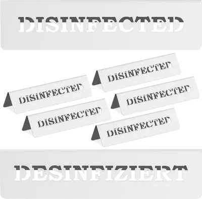 Zdjęcie produktu dla Tabliczka Informacyjna Na Stół Ze Stali Nierdzewnej Disinfected / Desinfiziert 5 Szt.