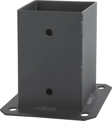A dark gray metal post anchor with a square base and a hollow square top, shown against a white background.