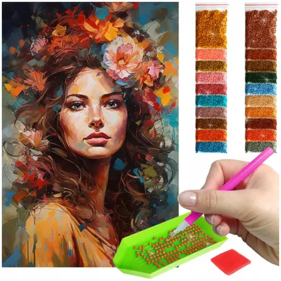 Zdjęcie produktu dla Haft diamentowy ARTULIO - Portret kobiety z kwiatami - 60 x 40 cm - Diamond painting, Kompletny zestaw: mozaika + akcesoria