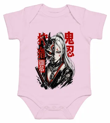 Obrázek produktu pro Japonská válečnice, maska Hannya, samurajská katana, Japonsko, styl Y2K, dětská body, růžová, velikost 0/3