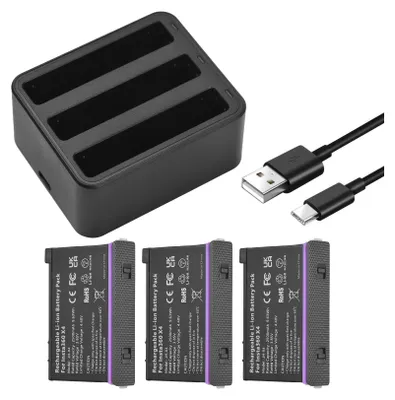 Obrázek produktu pro Sada baterií a nabíječky pro panoramatickou kameru s 3slotovou nabíječkou + 3 baterie 3,85 V 2500 mAh + nabíjecí kabel typu C jako náhrada za Insta360 X4