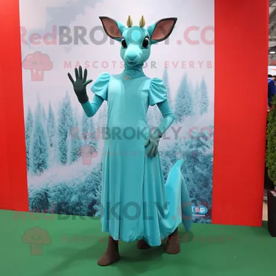 Produktbild von Cyanfarbener REDBROKOLY Reh Maskottchen Kostüm charakter bekleidet mit einem Empire-Taillenkleid und Fußpolstern