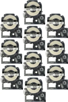 Produktbild von vhbw 10x Schriftband-Kassette kompatibel mit KingJim SR530, SR550, SR3900C, SR530C, SR3900P, SR40 Etiketten-Drucker 8m x 12mm Schwarz auf Weiß
