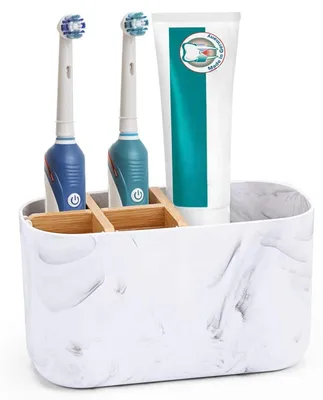 Produktbild von Zahnbürstenhalter Bad Organizer mit 6 Fächern Schwarz ABS Kunststoff Bambus Einsatz 18x10x8 cm