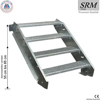 Produktbild von 4 Stufen Stahltreppe Breite 80 cm 55 - 85 cm Geschosshöhe inkl. Zubehör ohne Geländer