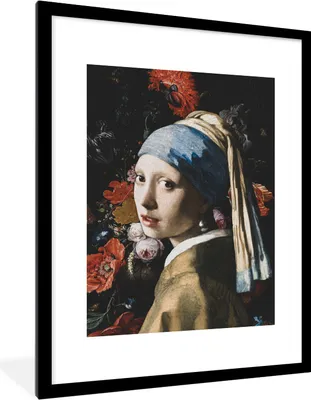 Produktbild von MuchoWow® Gerahmtes Poster Das Mädchen mit dem Perlenohrring - Vermeer - Jan Davidsz de Heem 60x80 cm - Poster mit Schwarzem Bilderrahmen Wandposter Rahmen Foto Bilder - Wohnzimmer - Dekorationen - Prämie