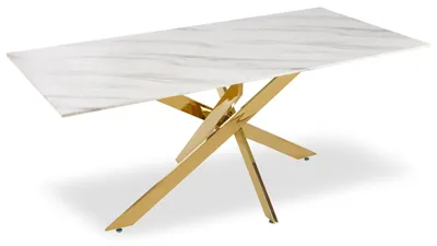 Image de MENZZO Table à manger Naelle en Verre effet Marbre Blanc et pieds Or