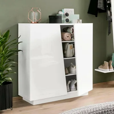 Produktbild von Schuhschrank Dfogl, Mehrzweckschrank mit 2 Türen, Eingangsschuhregal, 100 % Italy, cm 80x38h86, glänzend weiß