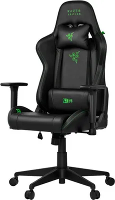 A black gaming chair with green accents and branding.