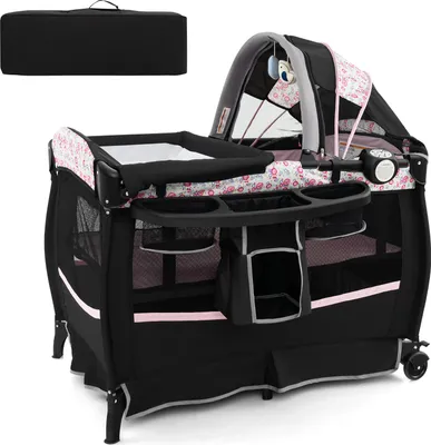 Produktbild von DREAMADE 4 in 1 Reisebett mit Matratze, 102 x 73 cm Babybett mit Rollen, Wickelauflage & Wiege, Klappbares Beistellbett Baby 0-36 Monate bis 15 kg (Pink Blumen)