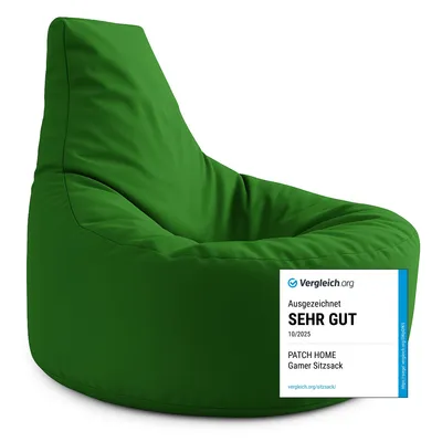 A green beanbag chair is shown against a white background with a rating badge.