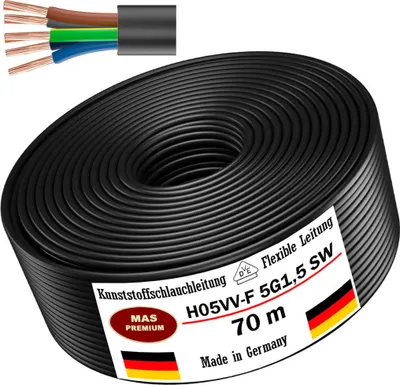 Image de Tuyau en plastique noir de 70 mètres, type H05VV-F, 5G1,5, flexible, câble d'alimentation pour appareils