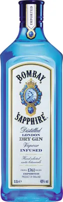 A bottle of Bombay Sapphire Dry Gin.