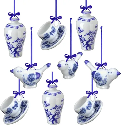 Productafbeelding van En wit porselein ornamenten Chinoiserie - Set van 9 - Blauw - Herfst pompoen decor opknoping hanger kerst