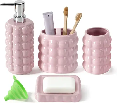 Immagine prodotto di Set di accessori da bagno, 4 pezzi: dispenser per sapone, bicchiere per lo spazzolino, portasapone, colore rosa, per il bagno