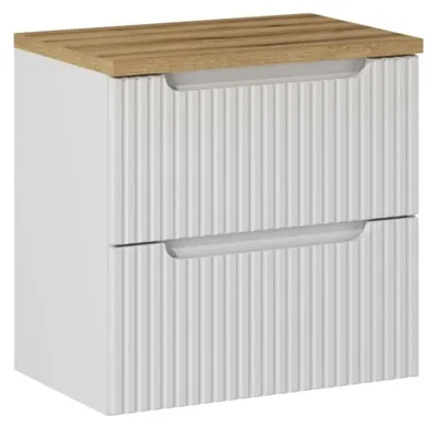 Productafbeelding van Zwevende badkamerset VANO wit 60cm: onderkast met lades + blad voor wastafel in licht eiken look
