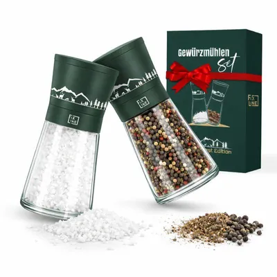 Produktbild von FIXLINE® Gewürzmühlen SET BLACK FOREST EDITION - hochwertiges Keramikmahlwerk - für Salz & Pfeffer - Größe 14cm- Edelstahl/Glas - Pfeffer und Salz Müh
