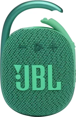 A close-up studio shot of a green JBL Clip 4 portable Bluetooth speaker.