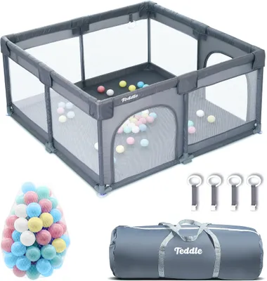 Produktbild von Teddle Laufstall Baby - Laufgitter Baby mit 50x Spielbälle - 120 x 120 cm – Playpen für Innen und Draußen – Grau