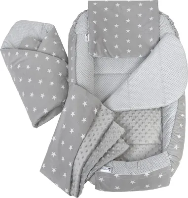 Produktbild von Babynestchen 5tlg Babynest Babydecke Steckkissen Kuschelnest Einschlagdecke Baumwolle 100x60x15 Graue Sternen mit Grauen Minky