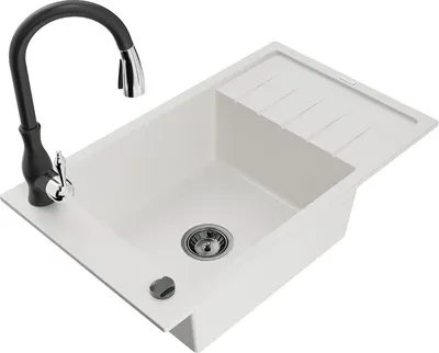 Produktbild von Mexen Elias 1 Becken-Granitspüle mit Abtropffläche und Mischbatterie Savita, Weiß - 6511-20-672601-70