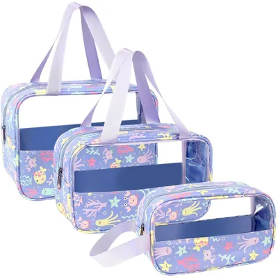 Productafbeelding van Transparante make-uptasjes, set van 3, waterdicht, PVC, paars