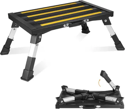Imagen del producto de Escalón de aluminio, plegable, plataforma de un escalón, escalera plegable, con ajuste de altura, capacidad de hasta 300 kg, escalera antideslizante para vehículos recreativos