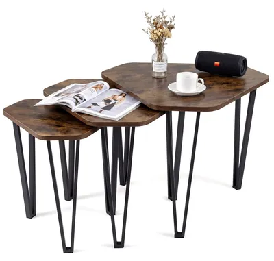Image de Lot de 3 tables d'appoint COSTWAY, table basse emboîtable en 3 tailles, ensemble de tables avec pieds en acier, table de salon peu encombrante, marron