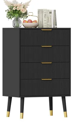 Image de Commode avec 4 tiroirs, dimensions 89x39x60 cm, design noir à motifs rainurés