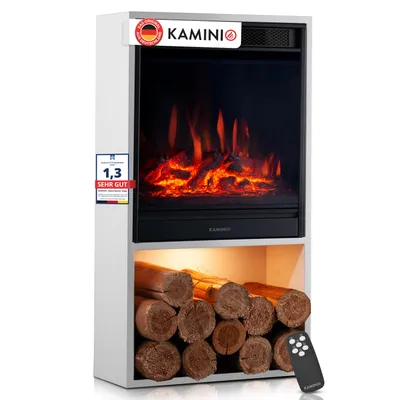 Produktbild von KAMINIO Elektrokamin HUGO - Elektrischer Kaminofen mit Heizung, 3D-Flammeneffekt, LED-Ambientelicht, Holzfach, Fernbedienung - Weiß, KI-generiertes Bild