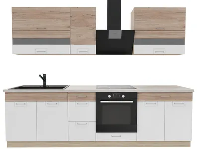 Obrázek produktu pro Kuchynská linka 270 cm – ECONO A – dub Sonoma – bílá lesklá – s pracovní deskou z travertinu – vestavená kuchyne se systémem Soft-Close – kovové zásuvky
