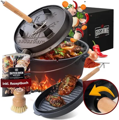 Produktbild von Gusskönig Dutch Oven 9 l mit Füßen mit 2in1 Deckelheber und Bürste