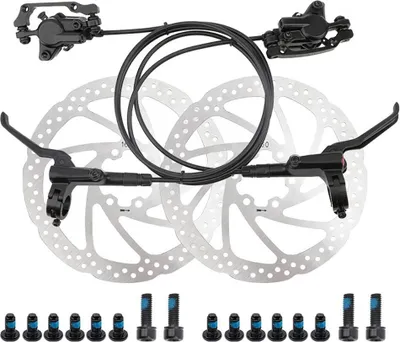 Obrázek produktu pro 1 sada univerzálních hydraulických kotoučových brzd pro horská kola, černá, přední a zadní (levá zadní/pravá přední) + 1 pár brzdových kotoučů, univerzální velikost