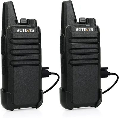 Two black Retevis RT622 walkie-talkies are shown side-by-side, each connected to a charging cable.