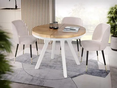Produktbild von Designer Runder Ausziehbarer Esstisch - Loft-Stil, Industriell, Platzsparend - Weiße Beine - 100 bis 200 cm - für 5-10 Personen - Hergestellt in EU - Wotan Eiche - 200 cm