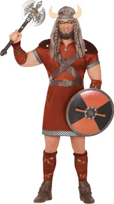 Produktbild von Wikinger Kostüm Krieger Helm Schild Axt Gamaschen Verkleidung Karneval Abenteuer Stärke Historisch Krieger Outfit Mut Rüstung, Größe: 52 - 54 (L) Farbe: Braun