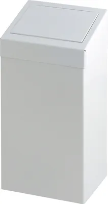 A white trash can with a flip-top lid.