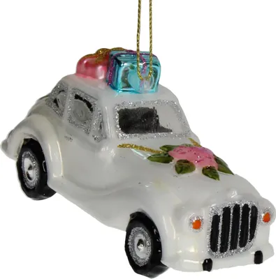 Produktbild von Christbaumschmuck Glas 11,4cm Hochzeitsauto Figur Weiß