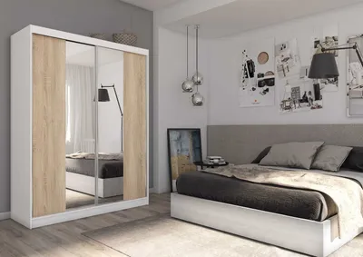 Produktbild von AGMAT Schwebetürenschrank  Lyon, Kleiderschrank mit 2 Türen, Moderne Garderobe in Farbe: Weiß / Artisan, Schrank in Größe: 160 x 216 x 61 cm