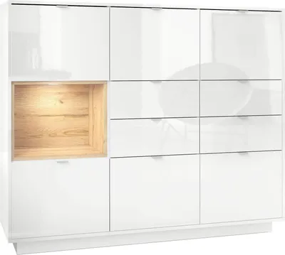 Produktbild von Vladon Highboard Sideboard Metro V2,  Germany, Korpus in Weiß Hochglanz / Fronten in Weiß Hochglanz mit Einsatz in Eiche Natur, inkl. LED Beleuchtung
