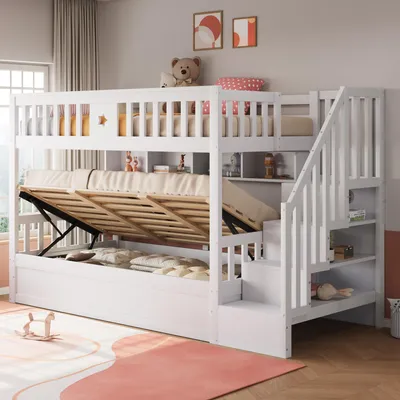 A white bunk bed with storage and a ladder in a child's room.
