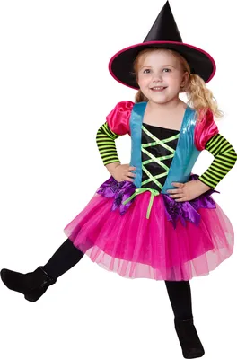 Image de Costume de sorcière arc-en-ciel pour enfants 2 pièces - robe et chapeau | Rose turquoise Taille : 128