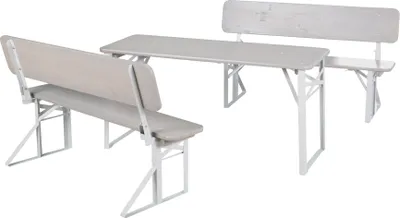 Produktbild von roba venkovní párty set pro děti - dětská sedací souprava s opěradlem z šedě lakovaného dřeva - 2 lavice + 1 stůl - skládací sedací nábytek od 24 měsíců