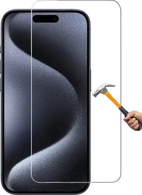 A hand holding a hammer is about to strike a screen protector placed on a smartphone.
