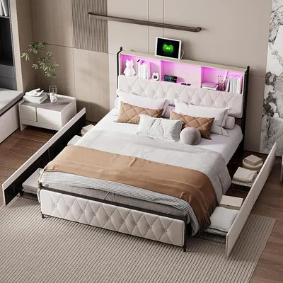 Imagen del producto de Cama con espacio de almacenamiento de 140x200 cm, con somier, cabecero LED con función de carga USB, estructura de cama doble con 4 cajones, color beige, tapizada en terciopelo, sin colchón